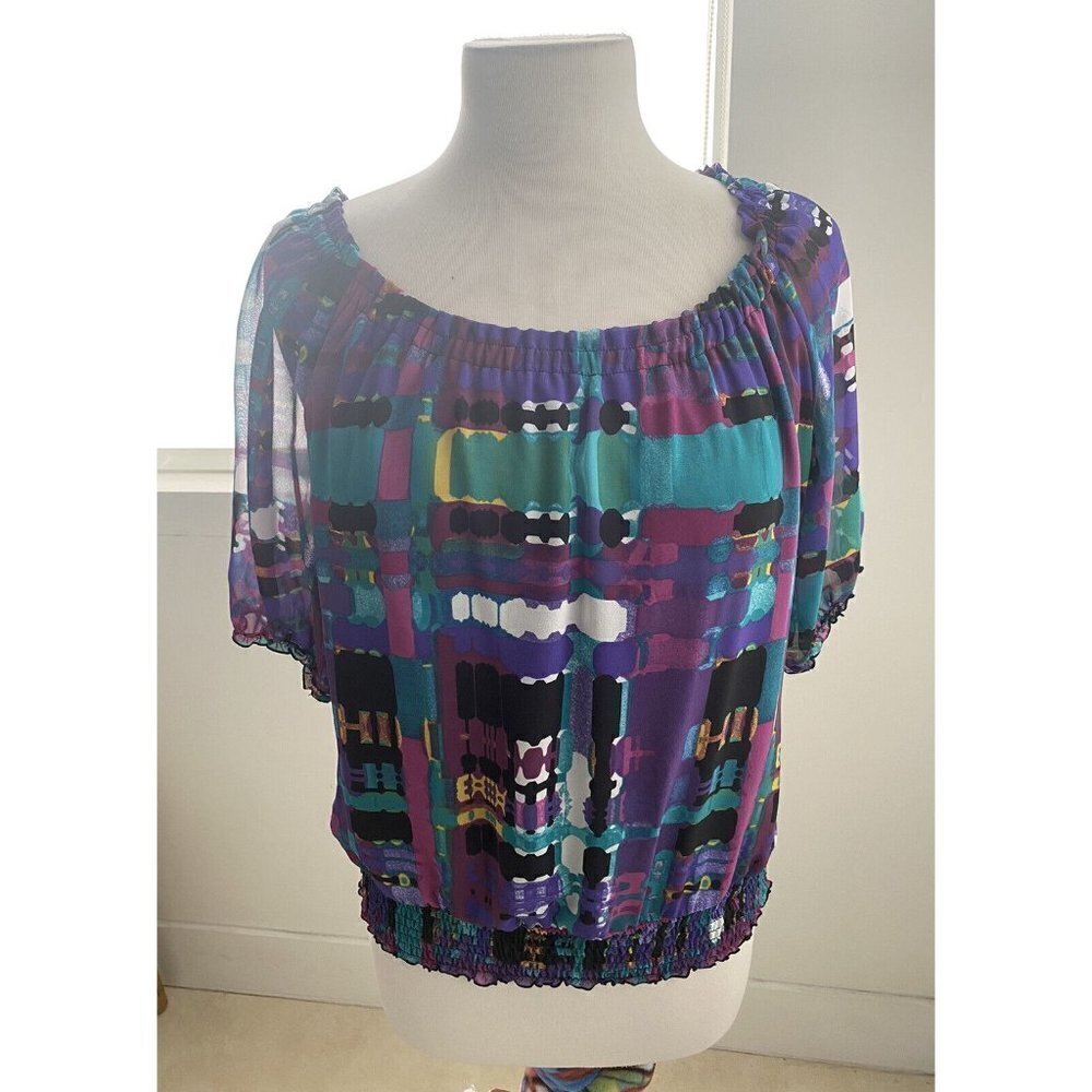 AB Studio Women's Multi Color Peasant Style Elastic Waist Top Blouse Size S
